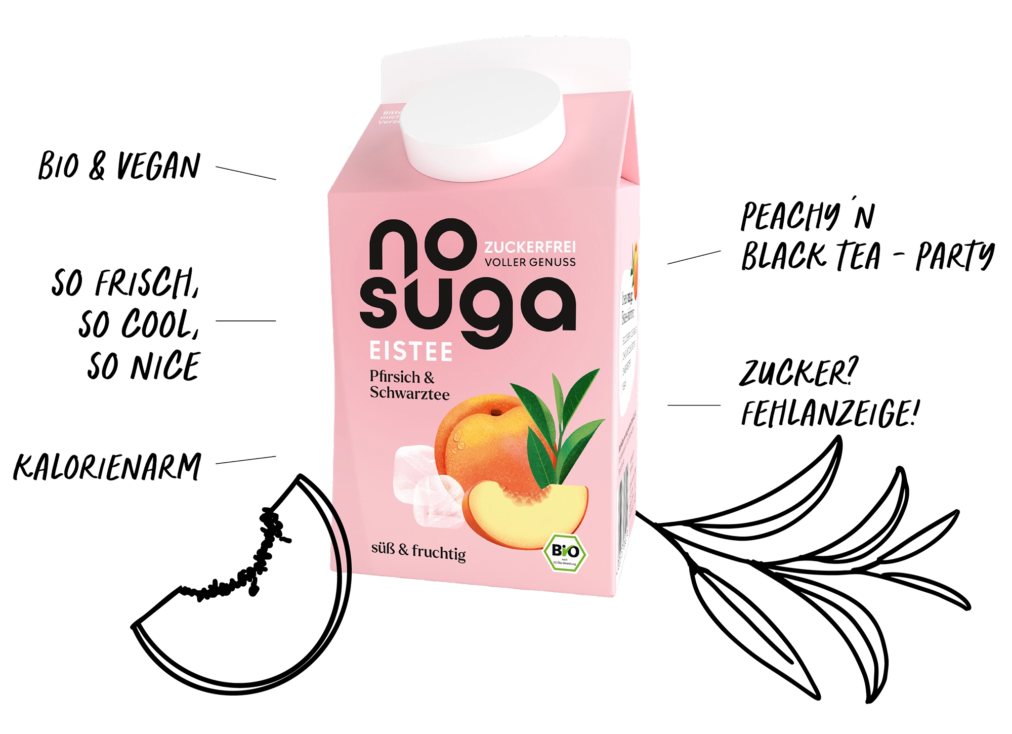 nosuga Sorte Pfirsich und Schwarztee. Um den Getränkekarton herum steht "bio & vegan", "so frisch, so cool, so nice", "kalorienarm", "peachy & black tea - party" und "zucker? fehlanzeige!".