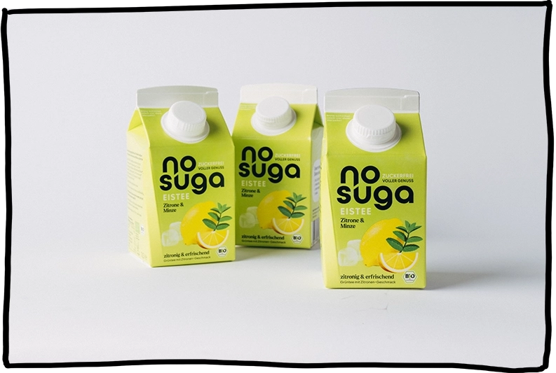 Drei No Suga Eistee Zitronen Verpackungen