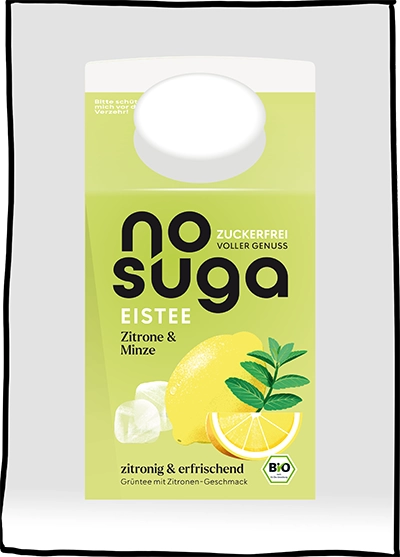 Die Vorderseite eines Getränkekartons von nosuga.