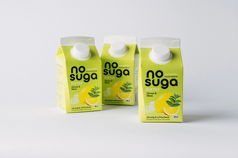 Drei No Suga Eistee Zitronen Verpackungen
