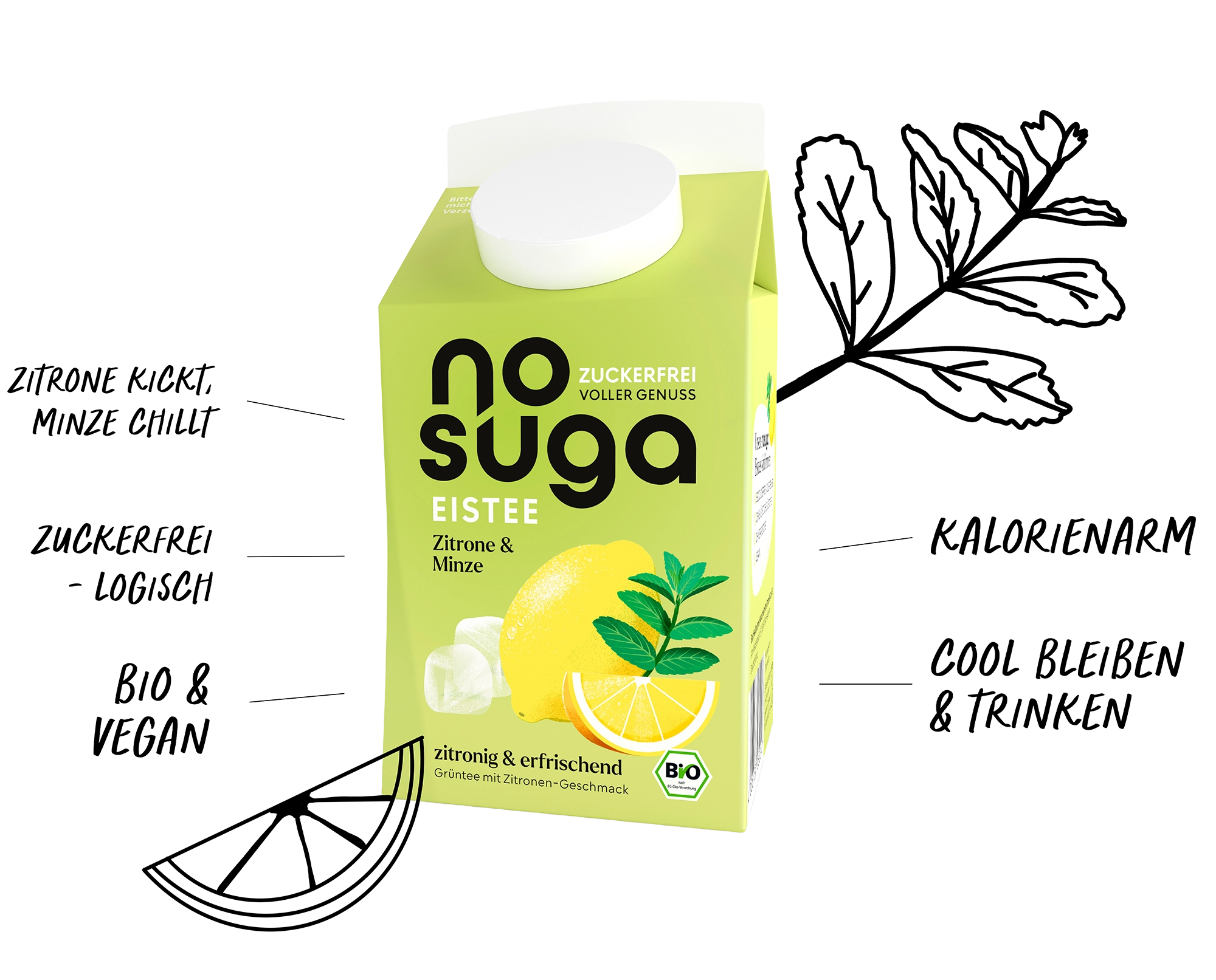 nosuga Sorte Zitrone und Minze. Um den Getränkekarton herum steht "zitronekickt,minze chillt", "zuckerfrei - logisch", "bio und vegan", "kalorienarm" und "cool bleiben und trinken".