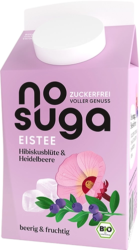 Getränkekarton mit der Sorte Hibiskusblüte und Heidelbeere.